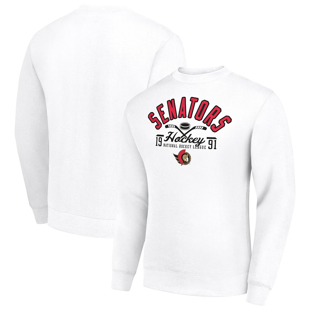 Men's Starter White Ottawa Senators Stick And Puck Logo Fleece Pullover Sweatshirt