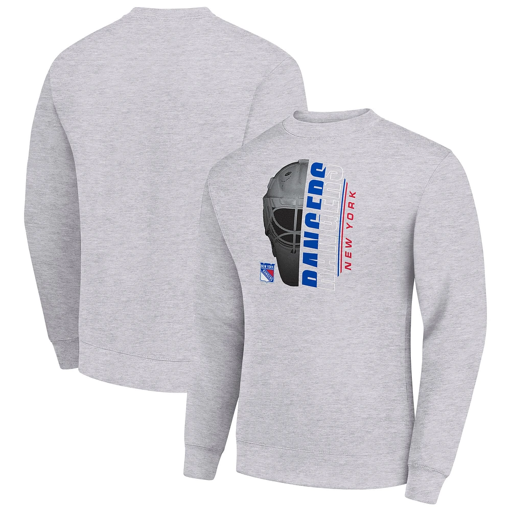 Men's Starter Heather Gray New York Rangers Half Helmet Team Logo Pullover Sweatshirt