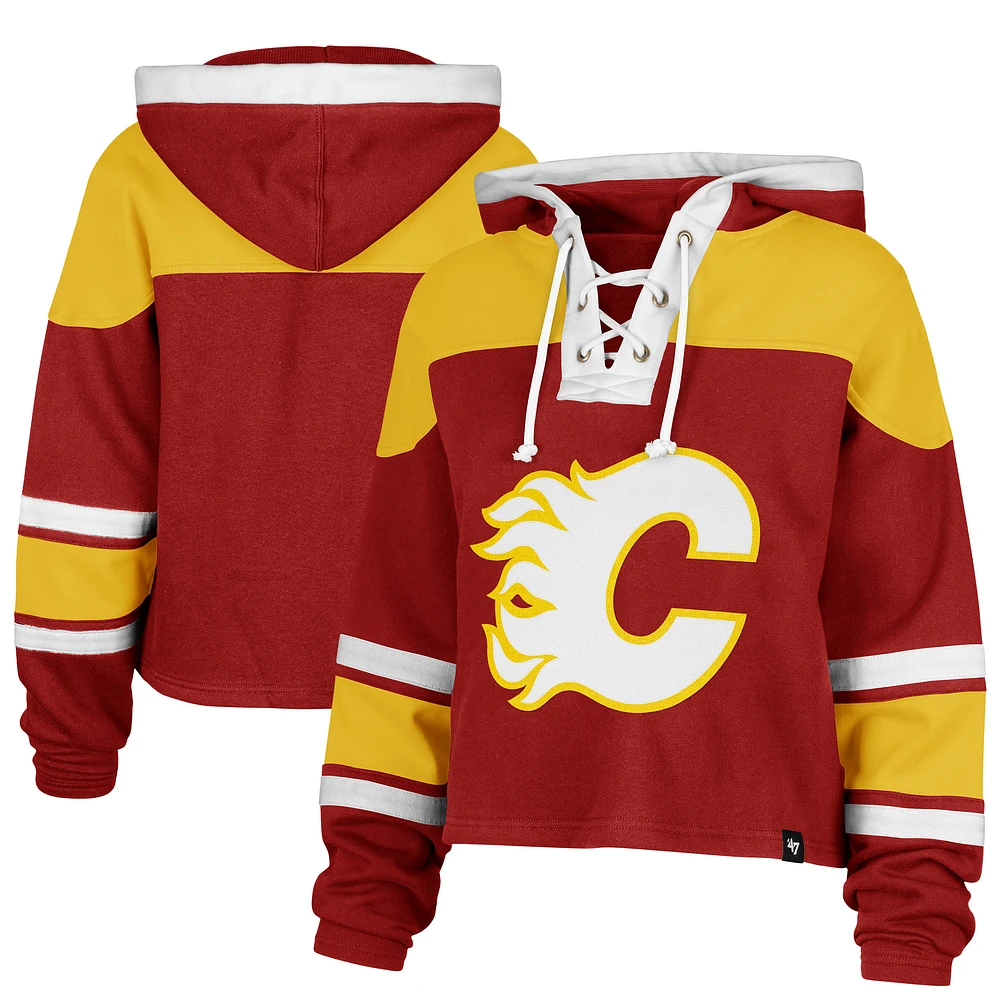 Women's '47 Red Calgary Flames Cropped Superior Lacer Pullover Hoodie