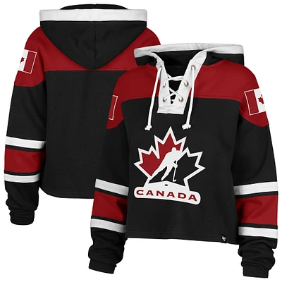 Women's '47 Black Hockey Canada Cropped Superior Lacer Pullover Hoodie