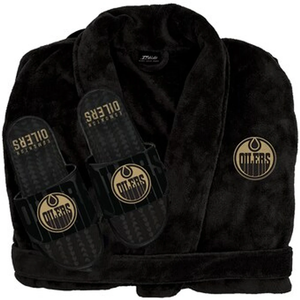 Unisex ISlide Black Edmonton Oilers Phantom Hoodie Robe & Mantra Slide Sandals Bundle