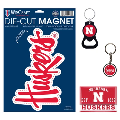 WinCraft Nebraska Huskers 4-Pack Key Rings and Magnets Set