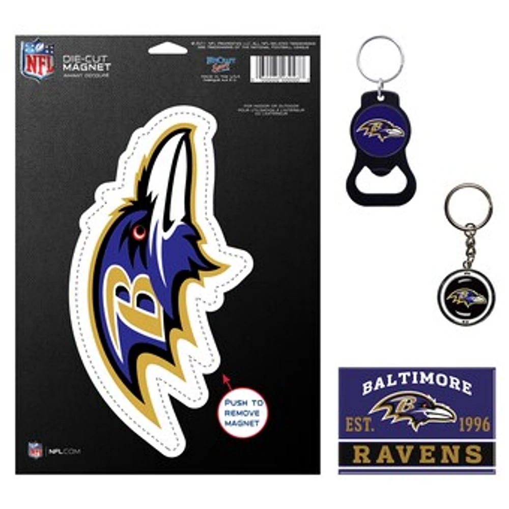 WinCraft Baltimore Ravens 4-Pack Key Rings and Magnets Set