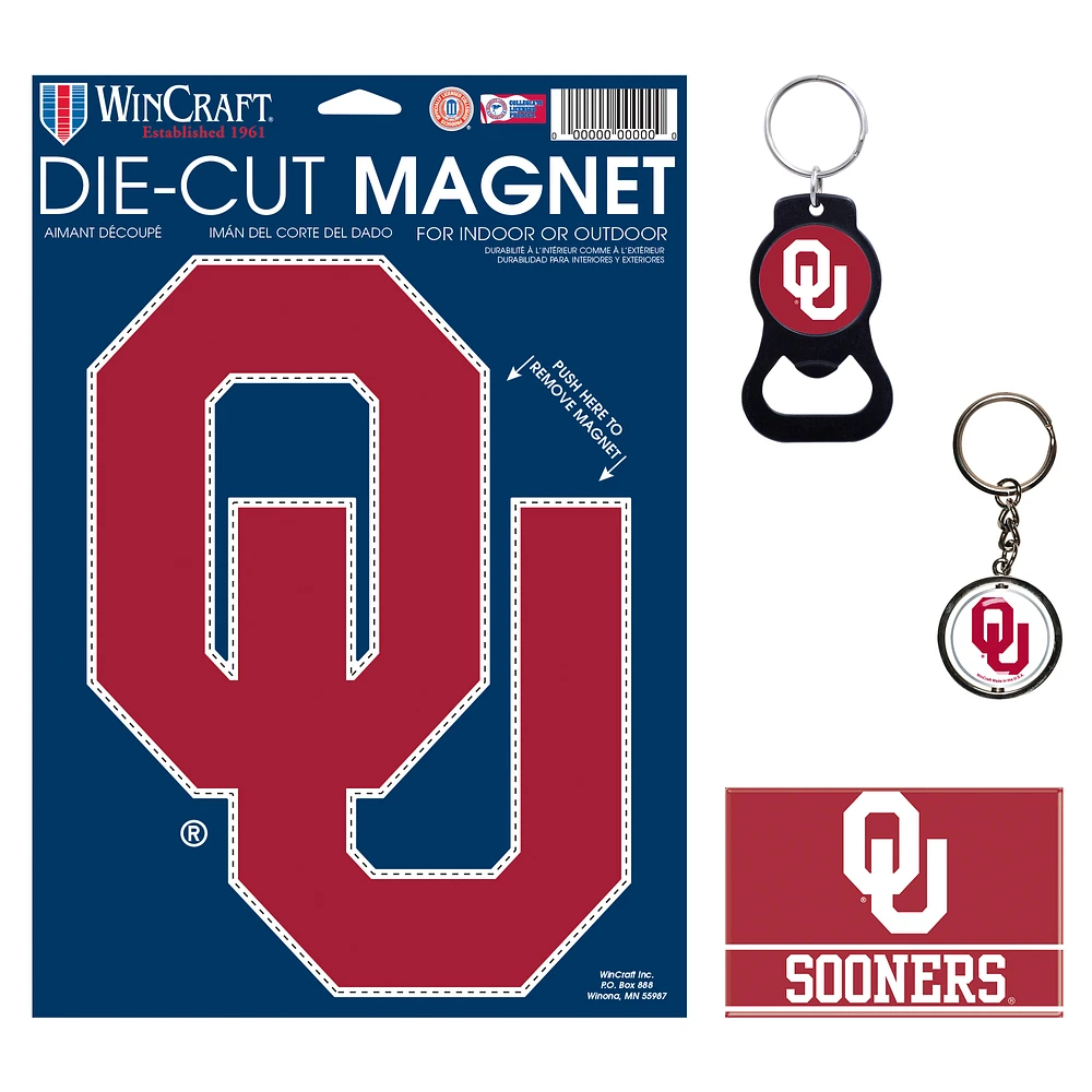 WinCraft Oklahoma Sooners 4-Pack Key Rings and Magnets Set