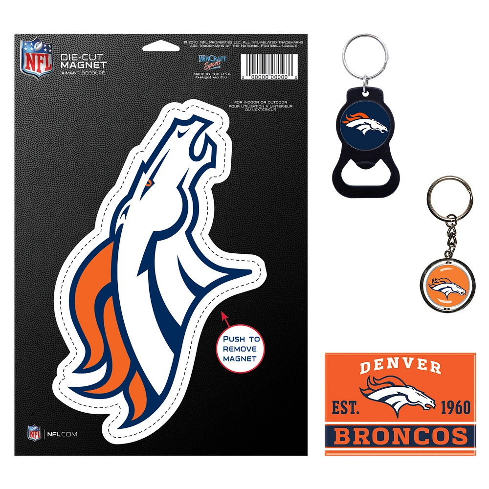 WinCraft Denver Broncos 4-Pack Key Rings and Magnets Set