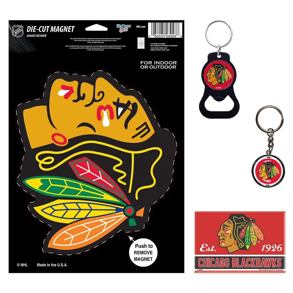 WinCraft Chicago Blackhawks 4-Pack Key Rings and Magnets Set