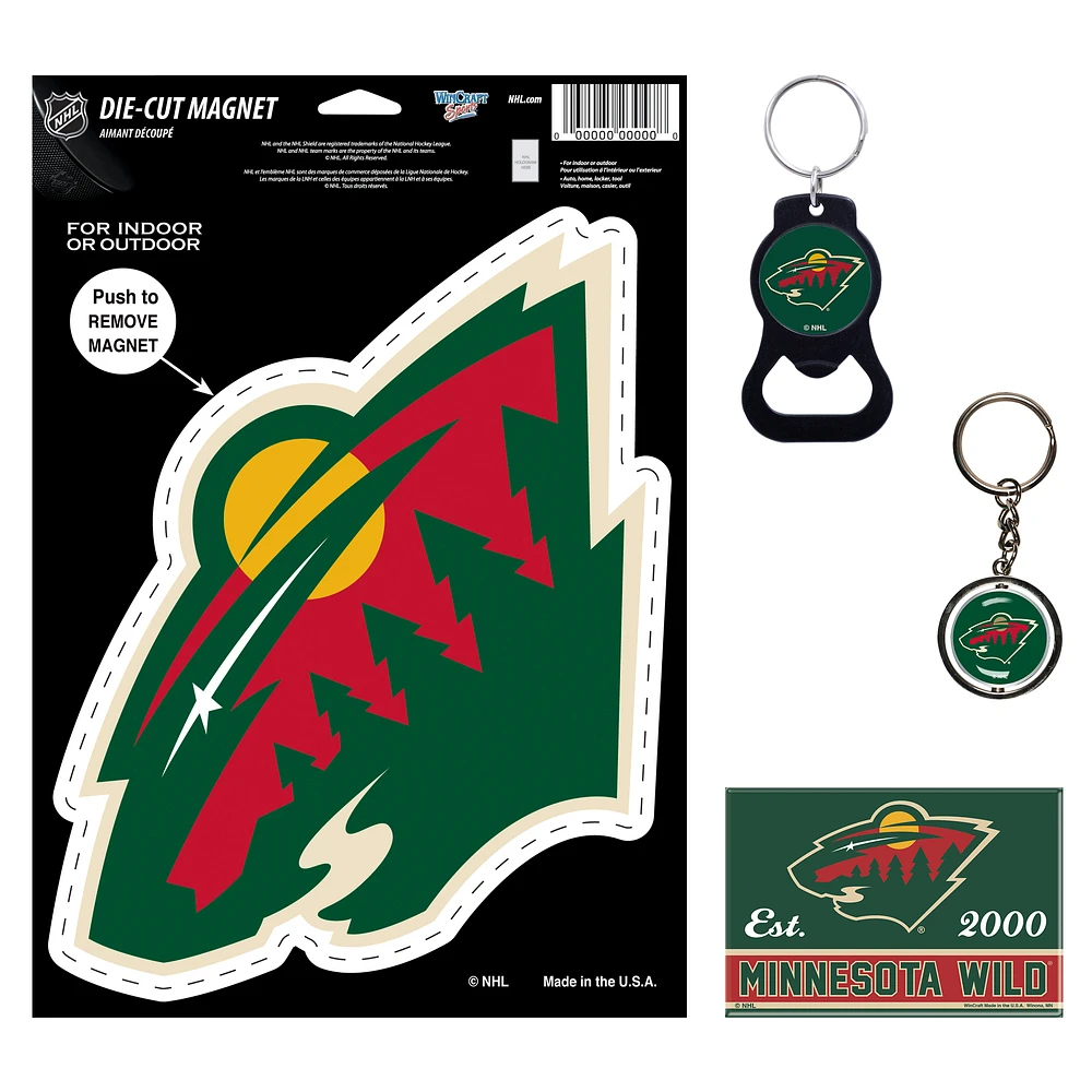 WinCraft Minnesota Wild 4-Pack Key Rings and Magnets Set