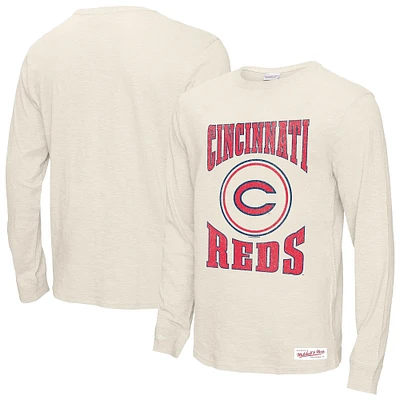 Men's Mitchell & Ness Cream Cincinnati Reds Arched Logo Slub Long Sleeve T-Shirt