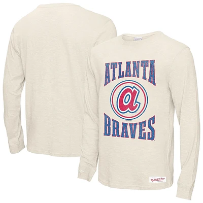 Men's Mitchell & Ness Cream Atlanta Braves Arched Logo Slub Long Sleeve T-Shirt