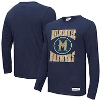 Men's Mitchell & Ness Navy Milwaukee Brewers Arched Logo Slub Long Sleeve T-Shirt