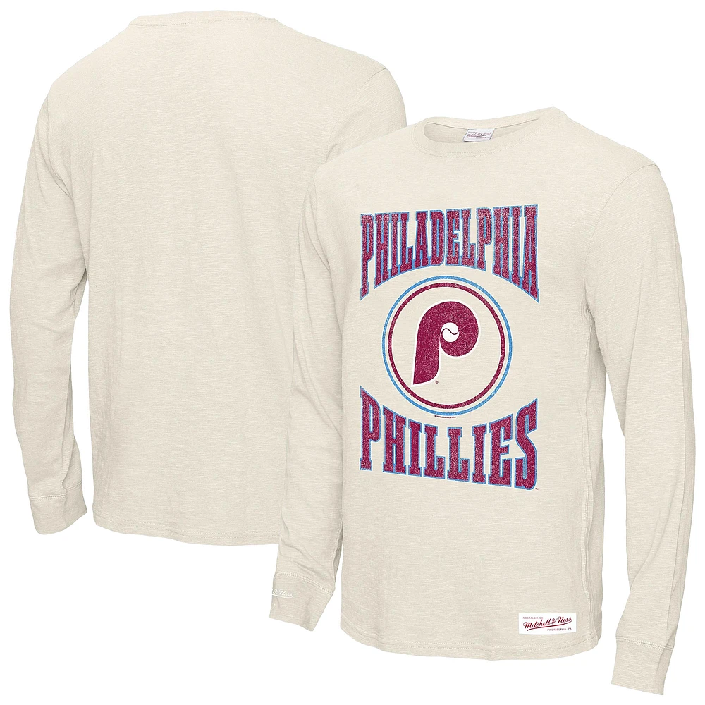 Men's Mitchell & Ness Cream Philadelphia Phillies Arched Logo Slub Long Sleeve T-Shirt