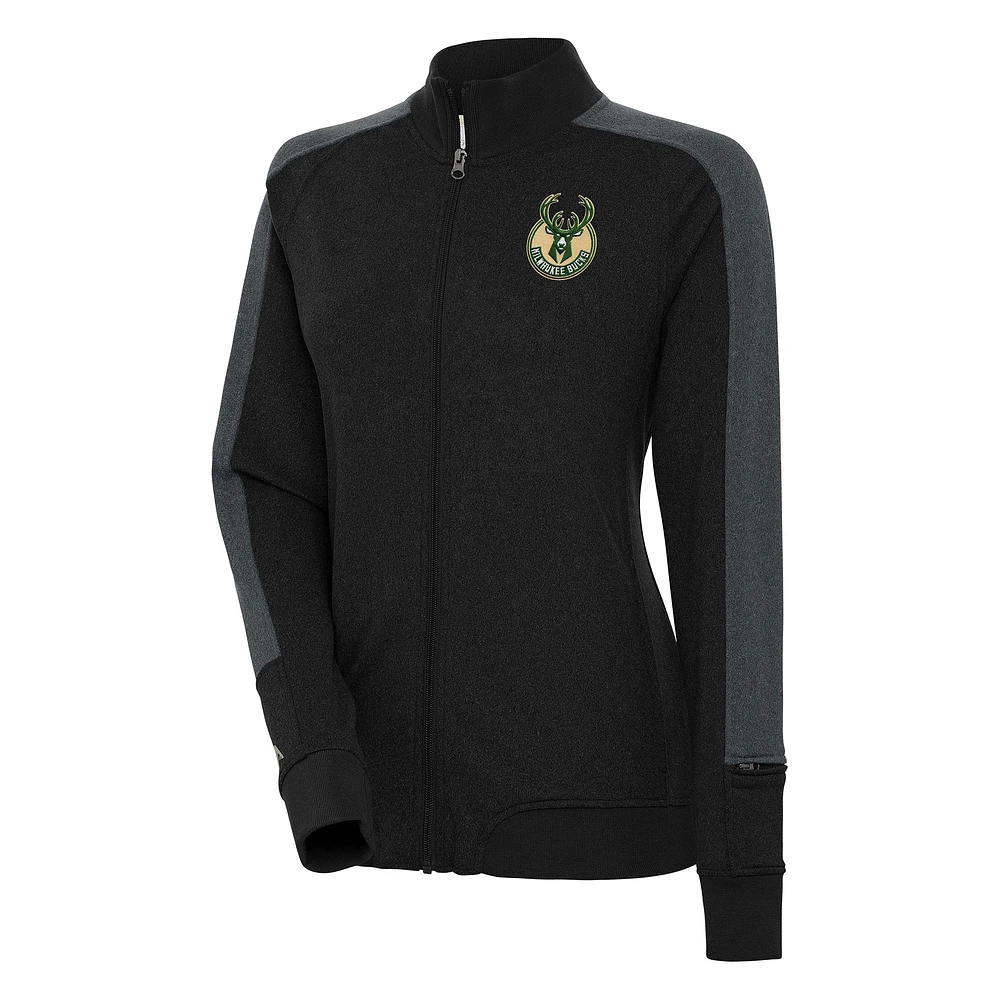 Women's Antigua Black Milwaukee Bucks Strike Full-Zip Track Jacket