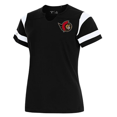 Women's Antigua Black Ottawa Senators Encounter Short Sleeve Notch Neck Top