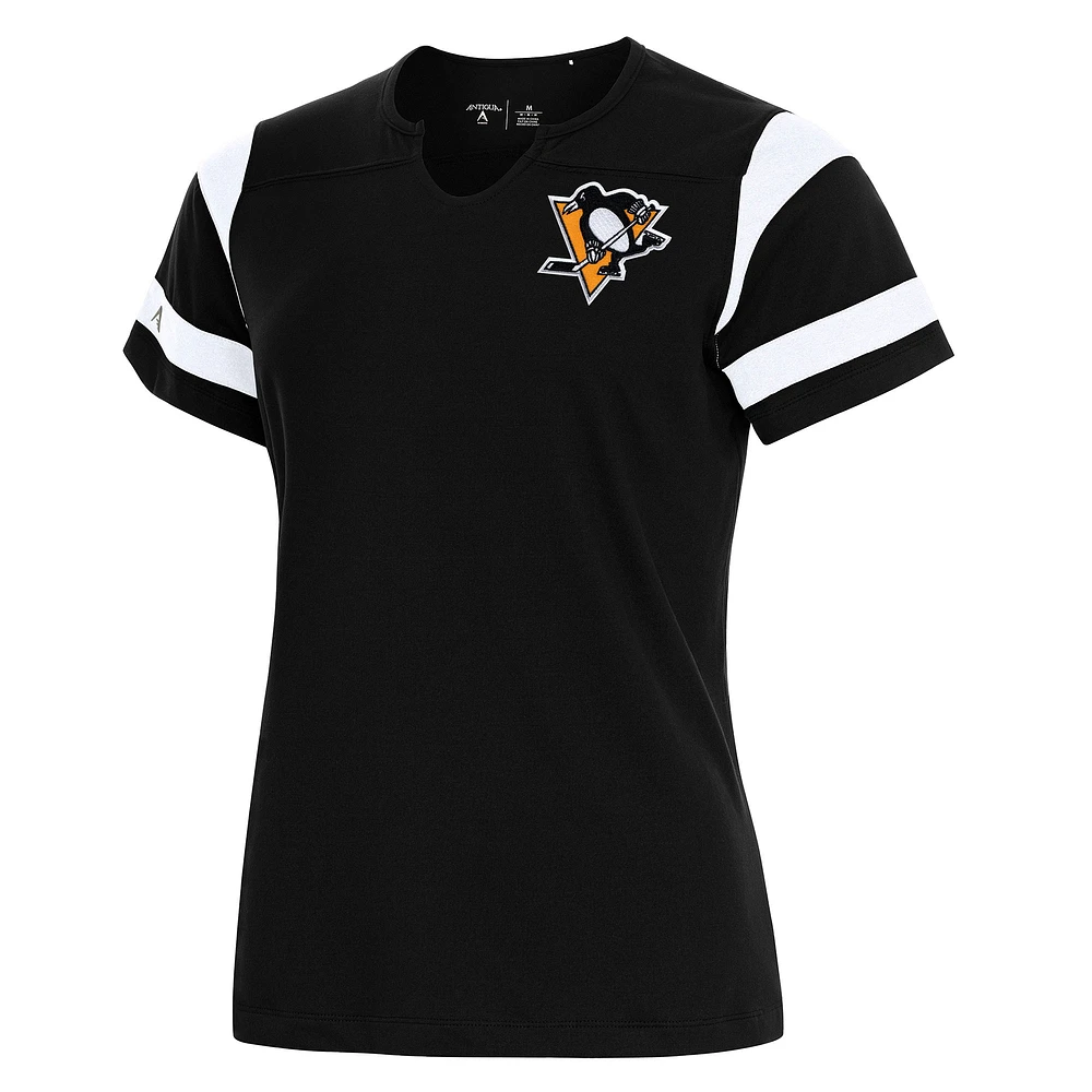Women's Antigua Black Pittsburgh Penguins Encounter Short Sleeve Notch Neck Top