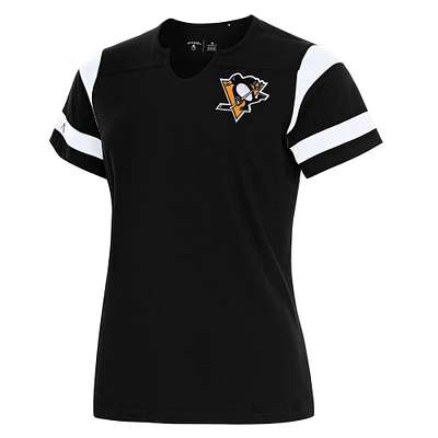 Women's Antigua Black Pittsburgh Penguins Encounter Short Sleeve Notch Neck Top