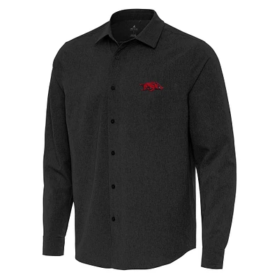 Men's Antigua Black Arkansas Razorbacks Exposure Woven Long Sleeve Button-Up Shirt