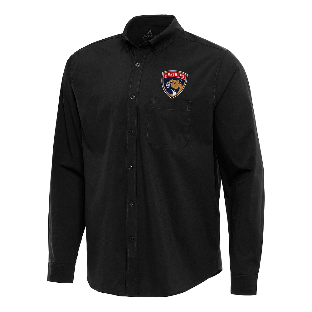 Men's Antigua Black Florida Panthers Flight Woven Tri-Blend Long Sleeve Button-Down Shirt