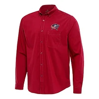 Men's Antigua Red Columbus Blue Jackets Flight Woven Tri-Blend Long Sleeve Button-Down Shirt