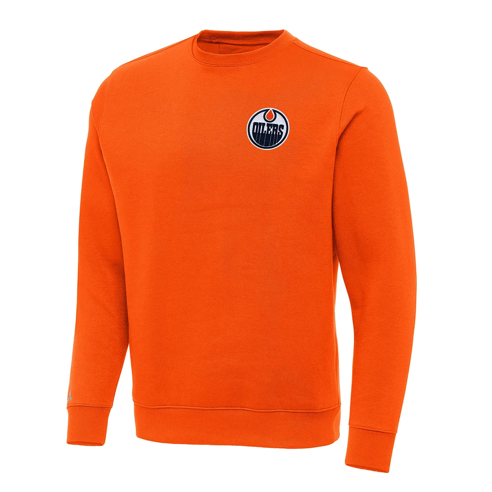 Men's Antigua Orange Edmonton Oilers Victory Crewneck Pullover Sweatshirt
