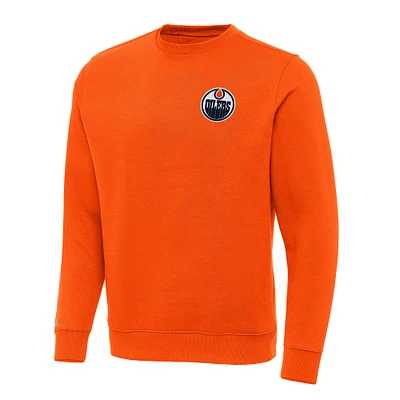 Men's Antigua Orange Edmonton Oilers Victory Crewneck Pullover Sweatshirt