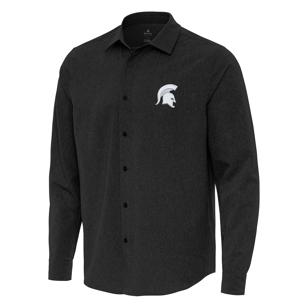 Men's Antigua Black Michigan State Spartans Exposure Woven Long Sleeve Button-Up Shirt