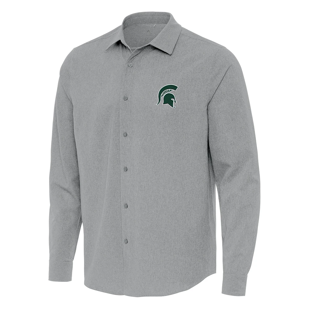 Men's Antigua Gray Michigan State Spartans Exposure Woven Long Sleeve Button-Up Shirt