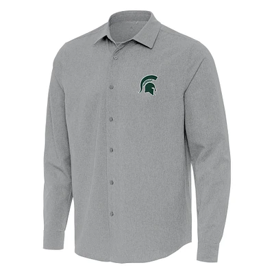 Men's Antigua Gray Michigan State Spartans Exposure Woven Long Sleeve Button-Up Shirt