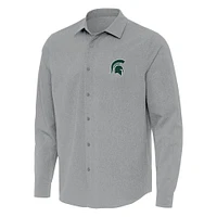 Men's Antigua Gray Michigan State Spartans Exposure Woven Long Sleeve Button-Up Shirt