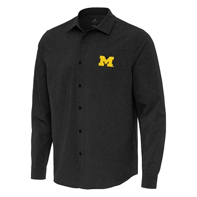 Men's Antigua Black Michigan Wolverines Exposure Woven Long Sleeve Button-Up Shirt