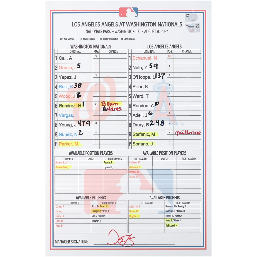 Washington Nationals Game-Used Lineup Card vs. Los Angeles Angels on August 9, 2024