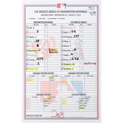 Washington Nationals Game-Used Lineup Card vs. Los Angeles Angels on August 9, 2024