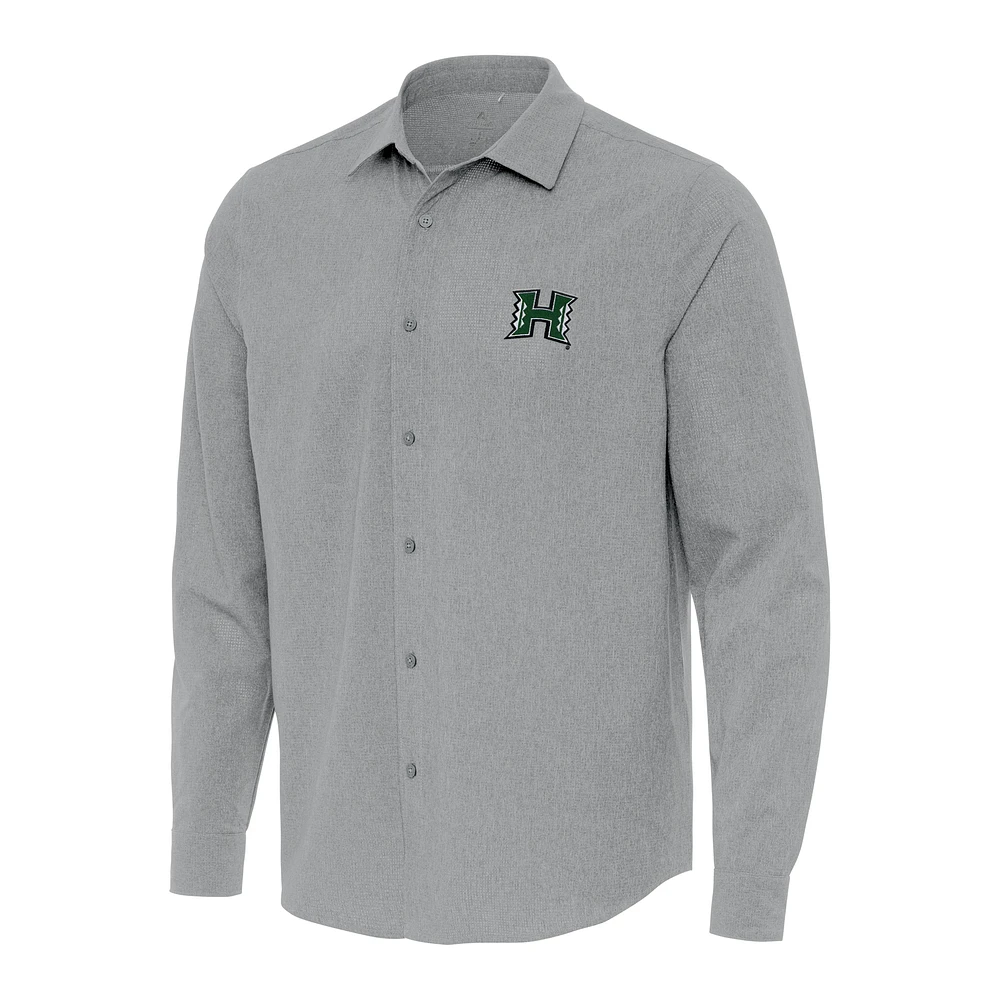 Men's Antigua Gray Hawaii Rainbow Warriors Exposure Woven Long Sleeve Full-Button Shirt
