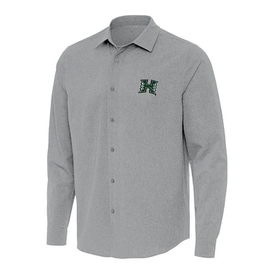 Men's Antigua Gray Hawaii Rainbow Warriors Exposure Woven Long Sleeve Full-Button Shirt
