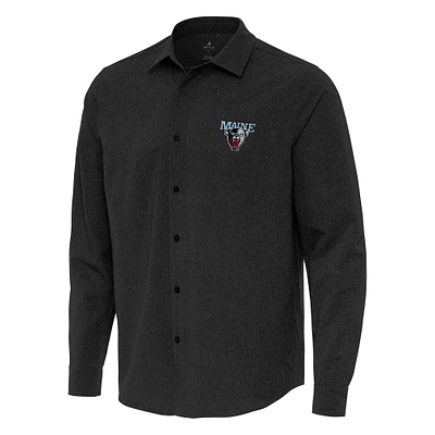 Men's Antigua Black Maine Bears Exposure Woven Long Sleeve Full-Button Shirt