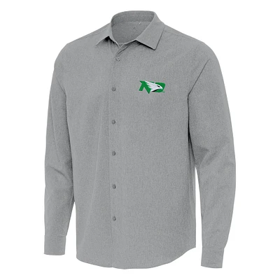 Men's Antigua Gray North Dakota Exposure Woven Long Sleeve Full-Button Shirt