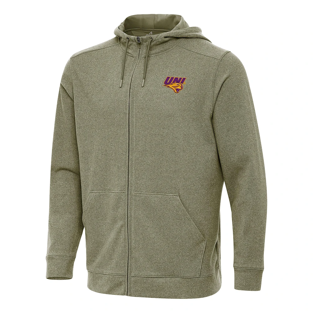 Men's Antigua Heather Olive Northern Iowa Panthers Effortless Full-Zip Hoodie Jacket