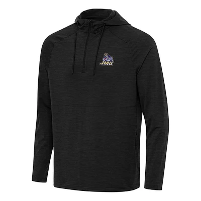 Men's Antigua Heather James Madison Dukes Spikes Raglan Quarter-Zip Hoodie