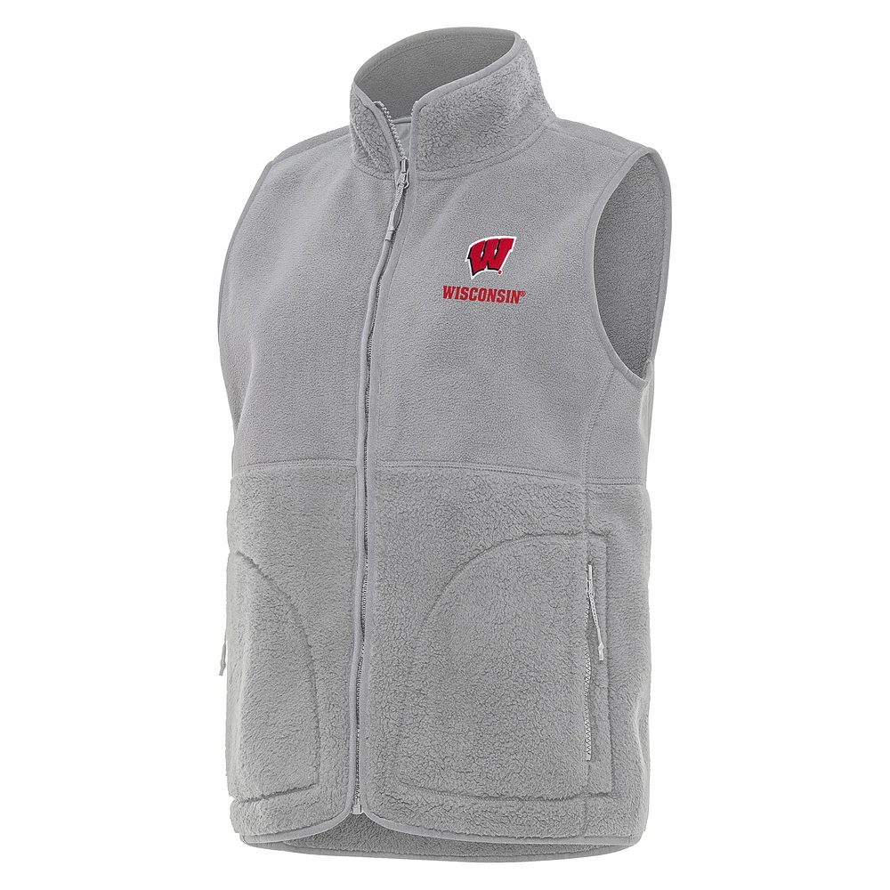 Women's Antigua Gray Wisconsin Badgers Nostalgic Full-Zip Vest