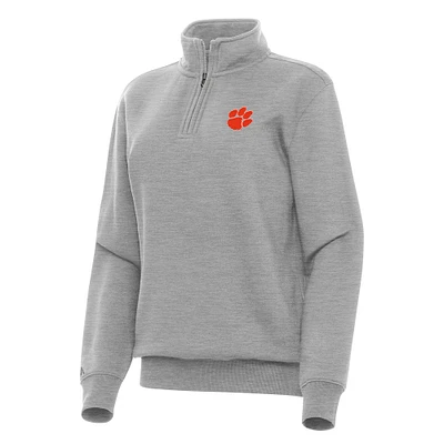 Women's Antigua Heather Gray Clemson Tigers Victory Quarter-Zip Sweatshirt
