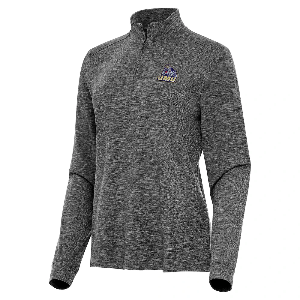 Women's Antigua Heather Black James Madison Dukes Mentor Long Sleeve Quarter-Zip Mock Polo