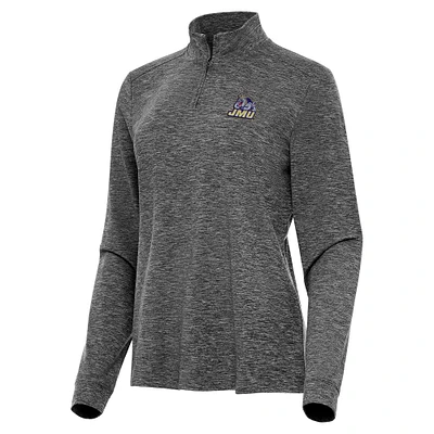 Women's Antigua  Heather Black James Madison Dukes Mentor Long Sleeve Quarter-Zip Mock Polo