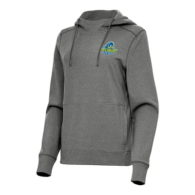 Women's Antigua Heather Delaware Fightin' Blue Hens Justice Pullover Hoodie