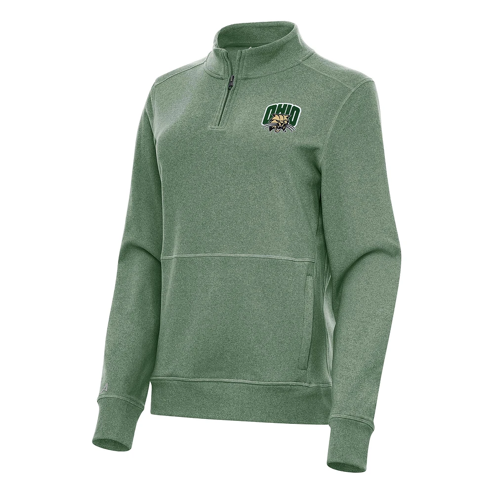 Women's Antigua Heather Green Ohio Bobcats Crush Quarter-Zip Fleece Sweatshirt