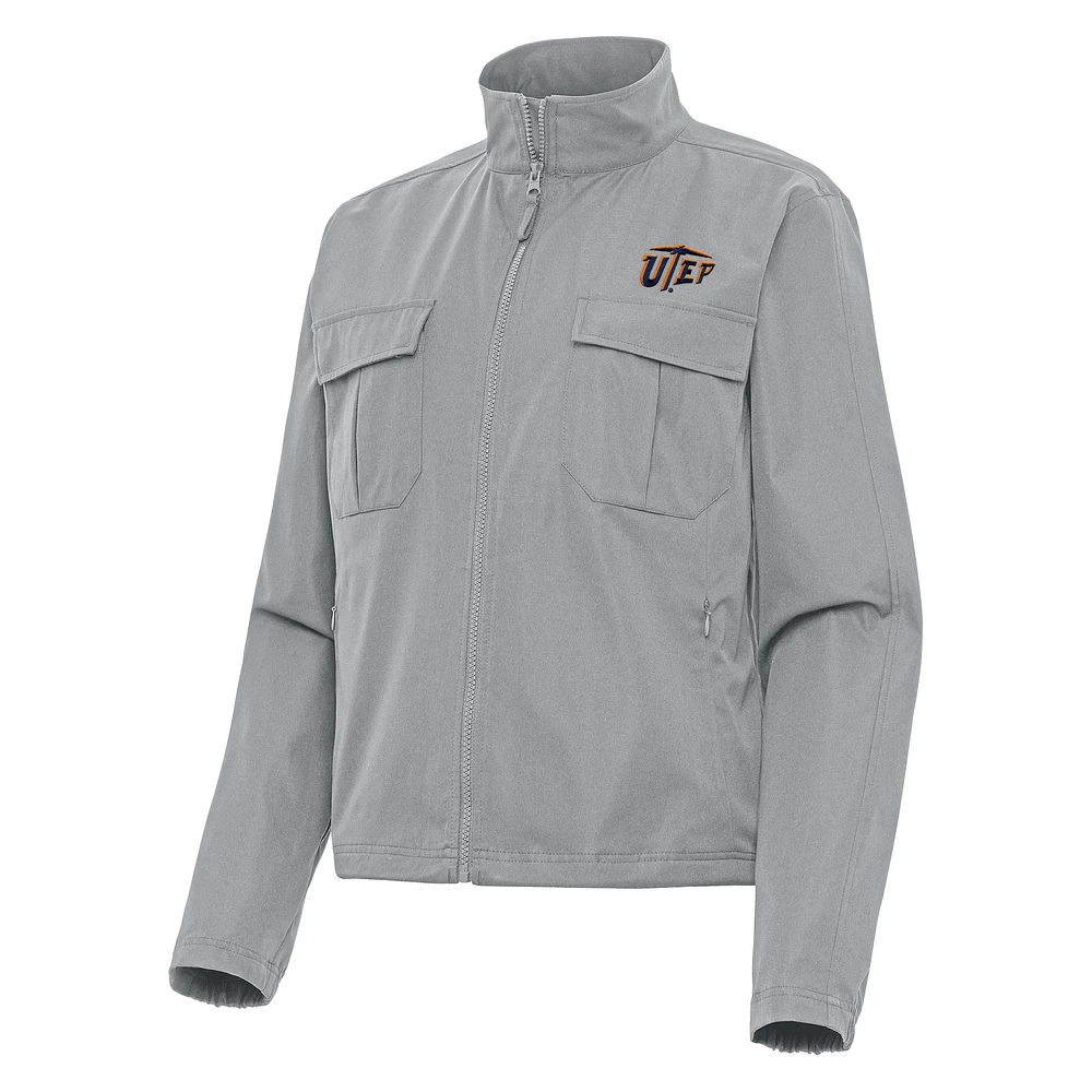 Women's Antigua Gray UTEP Miners Even Par Full-Zip Jacket