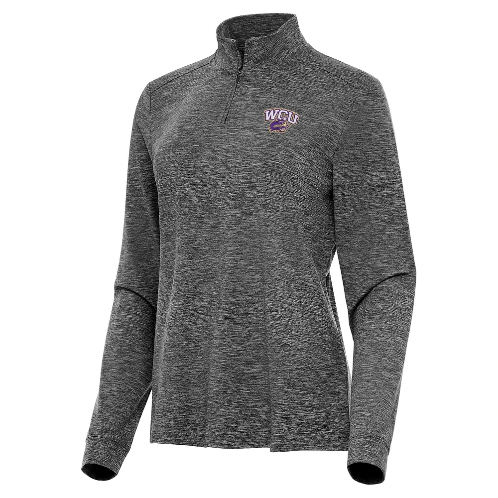 Women's Antigua Heather Black Western Carolina Catamounts Mentor Long Sleeve Quarter-Zip Mock Polo