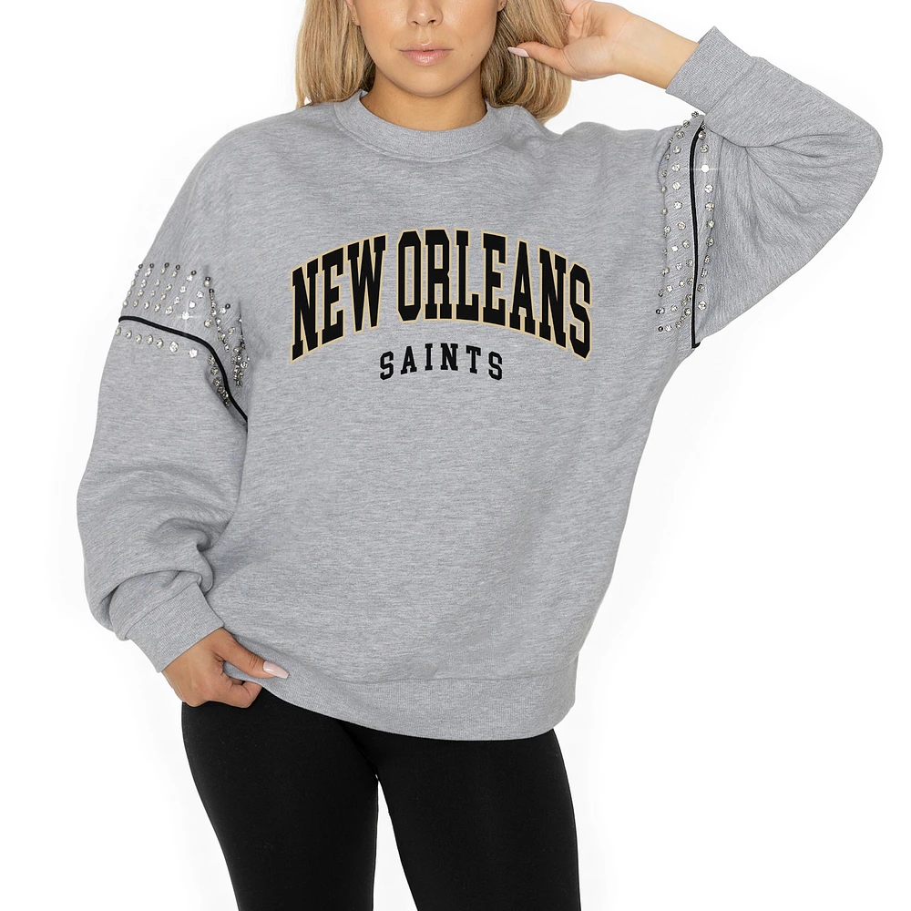 Women's Gameday Couture Ash New Orleans Saints Rhinestone Drop Shoulder Oversized Fleece Pullover Sweatshirt