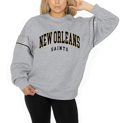 Women's Gameday Couture Ash New Orleans Saints Rhinestone Drop Shoulder Oversized Fleece Pullover Sweatshirt