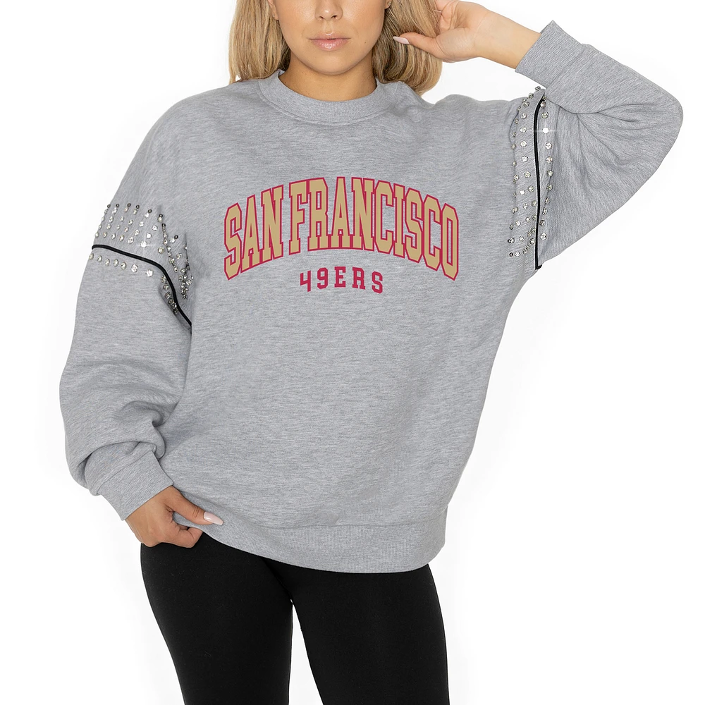 Women's Gameday Couture Ash San Francisco 49ers Rhinestone Drop Shoulder Oversized Fleece Pullover Sweatshirt