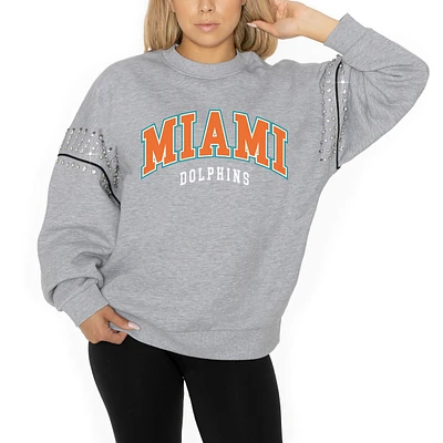 Women's Gameday Couture Ash Miami Dolphins Rhinestone Drop Shoulder Oversized Fleece Pullover Sweatshirt