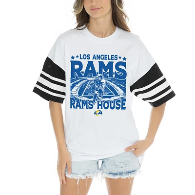 Women's Gameday Couture White Los Angeles Rams Contrast Mesh Heritage Stripe Oversized T-Shirt